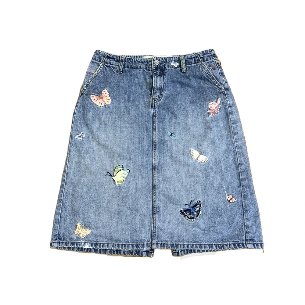 Y2k Gap Jean Skirt 6 Midi Embroidered Butterflies Patches Boho Festival Whimsy - Picture 5 of 16